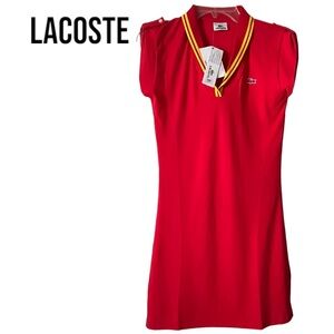 NWT Lacoste PIQUE STRETCH POLO DRESS RED w/ YELLOW TRIM PINK ALLIGATOR Medium 40